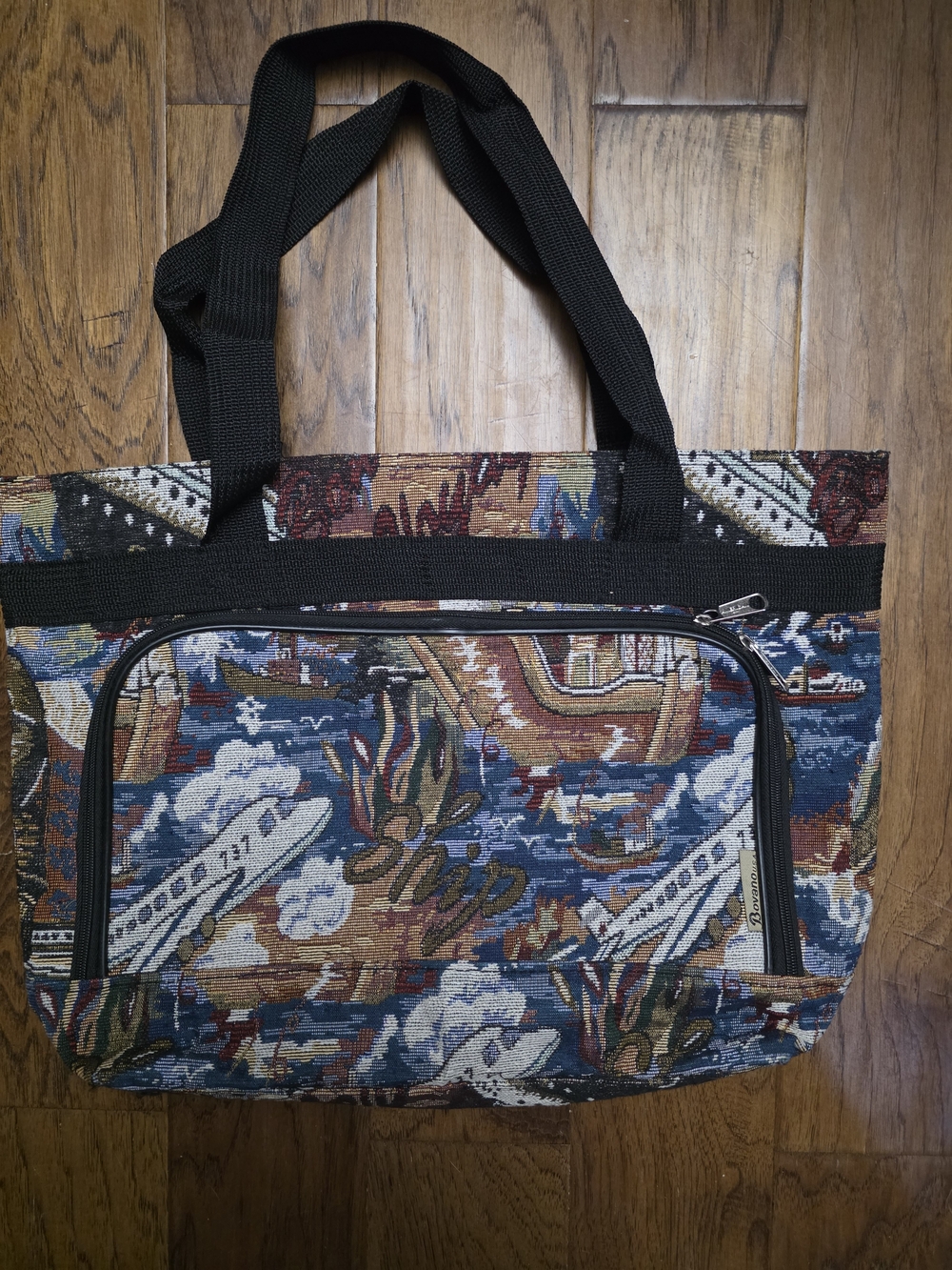 Travel Themed Tapestry-Patterned Tote Bag with Front Zip Pocket - Black Trim